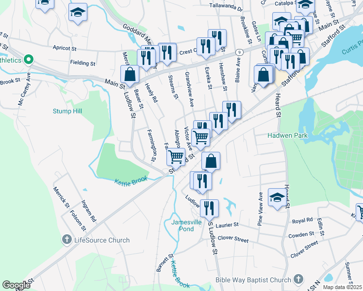 map of restaurants, bars, coffee shops, grocery stores, and more near 3 Victor Avenue in Worcester