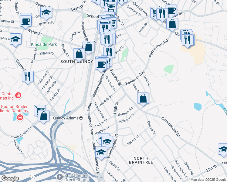 map of restaurants, bars, coffee shops, grocery stores, and more near 105 Goddard Street in Quincy