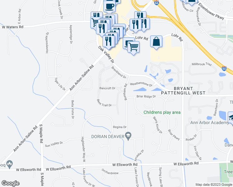 map of restaurants, bars, coffee shops, grocery stores, and more near 3520 Meadow Grove Trail in Ann Arbor