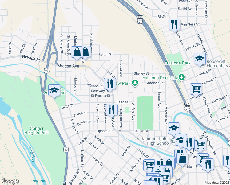 map of restaurants, bars, coffee shops, grocery stores, and more near 1626 Sargent Avenue in Klamath Falls