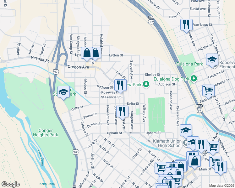 map of restaurants, bars, coffee shops, grocery stores, and more near 812 Saint Francis Street in Klamath Falls