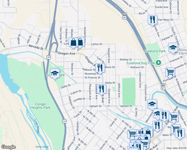 map of restaurants, bars, coffee shops, grocery stores, and more near 1620 Pleasant Avenue in Klamath Falls