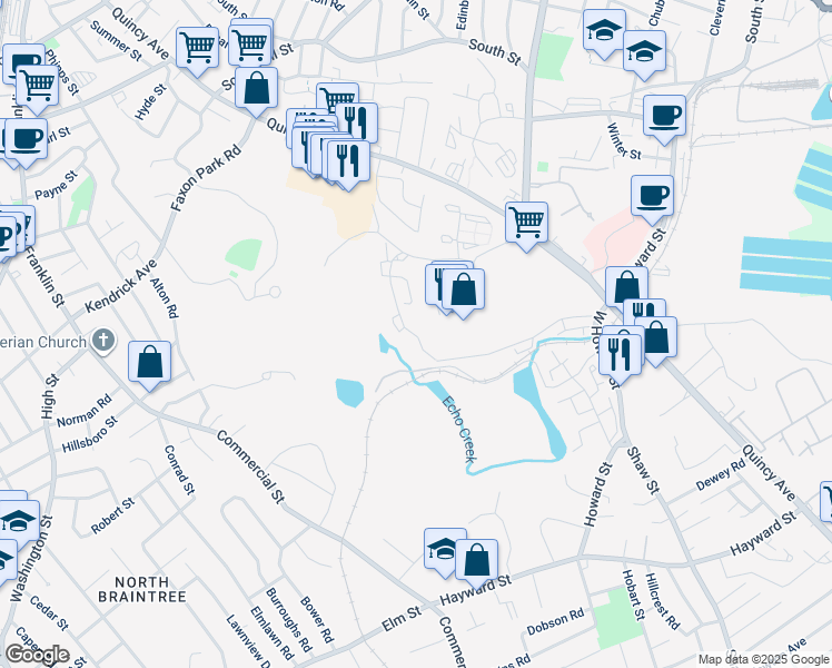 map of restaurants, bars, coffee shops, grocery stores, and more near 500 Falls Boulevard in Quincy