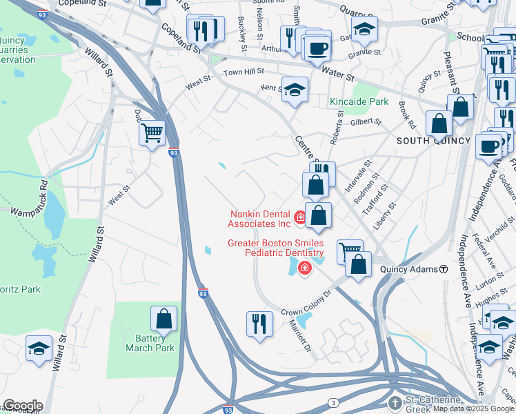 map of restaurants, bars, coffee shops, grocery stores, and more near 37 Village Drive in Quincy