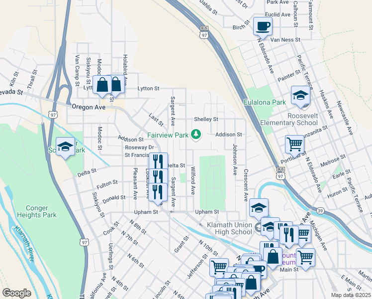 map of restaurants, bars, coffee shops, grocery stores, and more near 1101 Carlyle Street in Klamath Falls