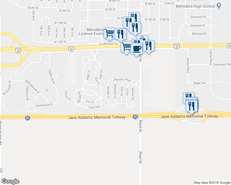map of restaurants, bars, coffee shops, grocery stores, and more near 2200 Blossom Lane in Belvidere
