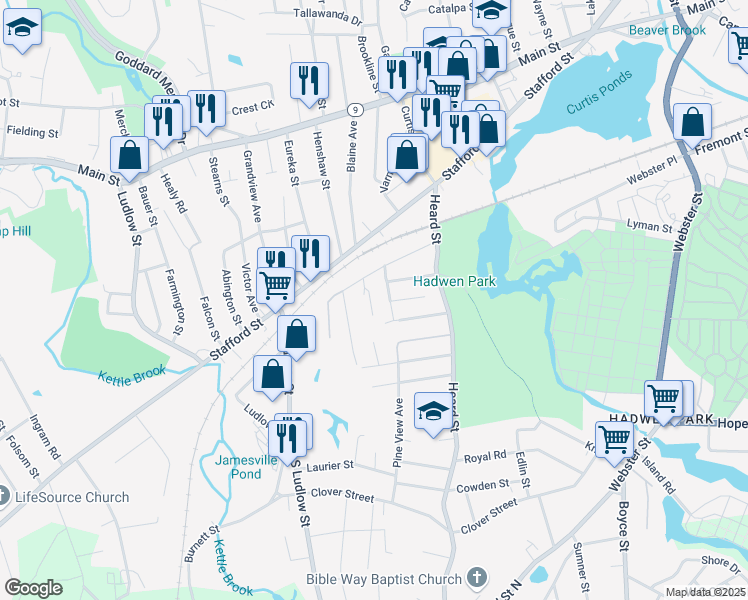 map of restaurants, bars, coffee shops, grocery stores, and more near 30 Pine View Avenue in Worcester
