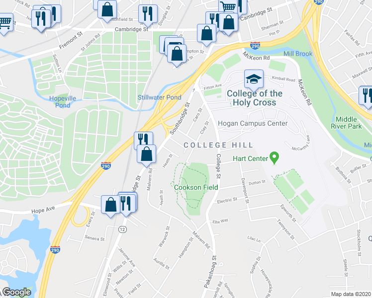 map of restaurants, bars, coffee shops, grocery stores, and more near 143 Attleboro Street in Worcester