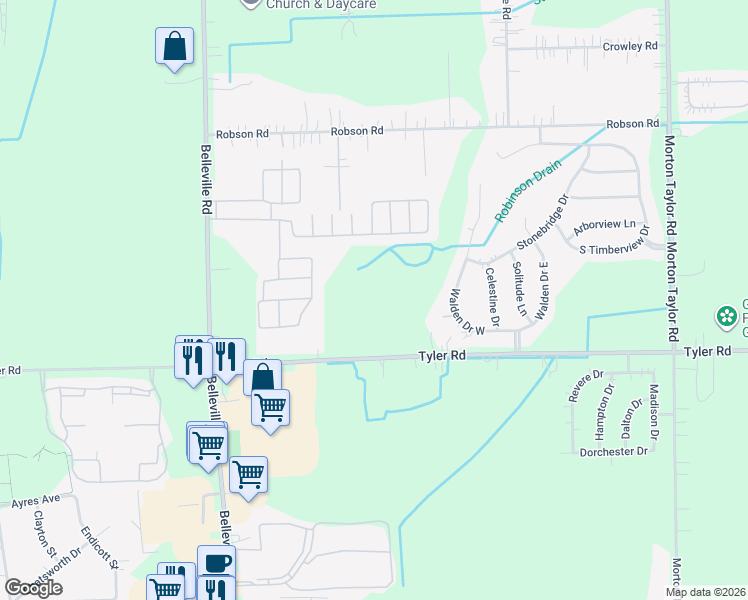map of restaurants, bars, coffee shops, grocery stores, and more near 44804 Tyler Road in Belleville