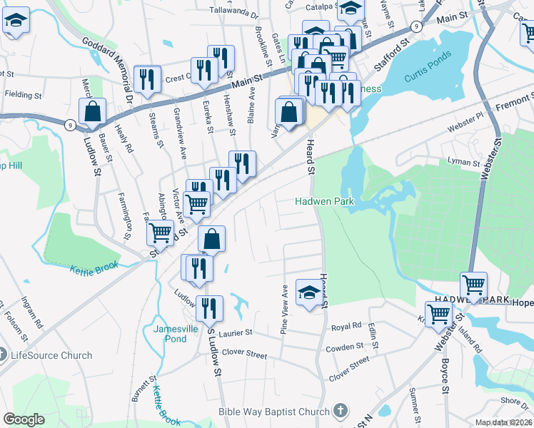 map of restaurants, bars, coffee shops, grocery stores, and more near 30 Pine View Avenue in Worcester