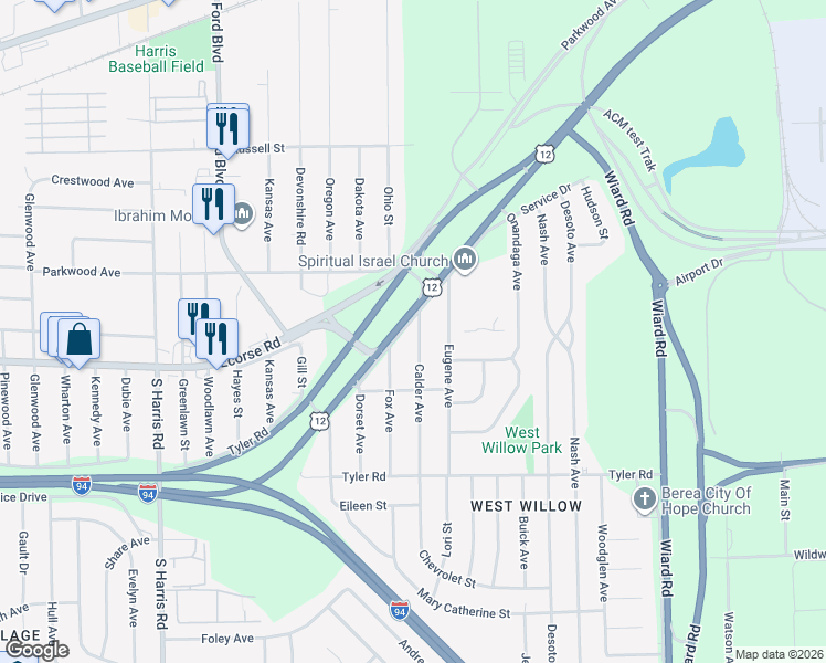 map of restaurants, bars, coffee shops, grocery stores, and more near 570 Calder Avenue in Ypsilanti