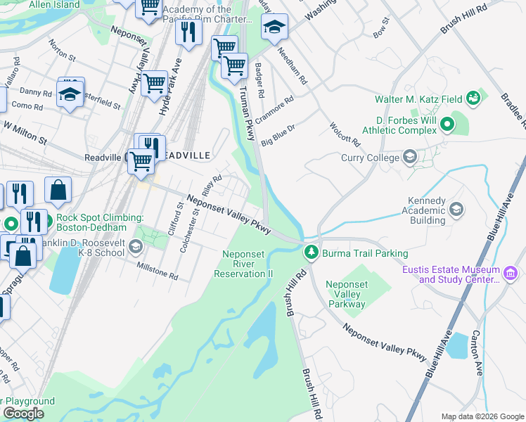 map of restaurants, bars, coffee shops, grocery stores, and more near 1233 Truman Parkway in Boston