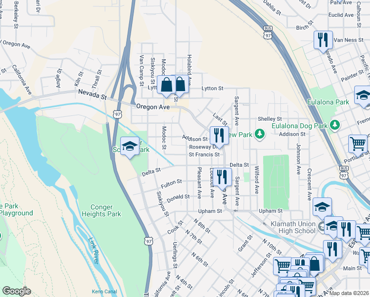 map of restaurants, bars, coffee shops, grocery stores, and more near 1620 Lakeview Avenue in Klamath Falls
