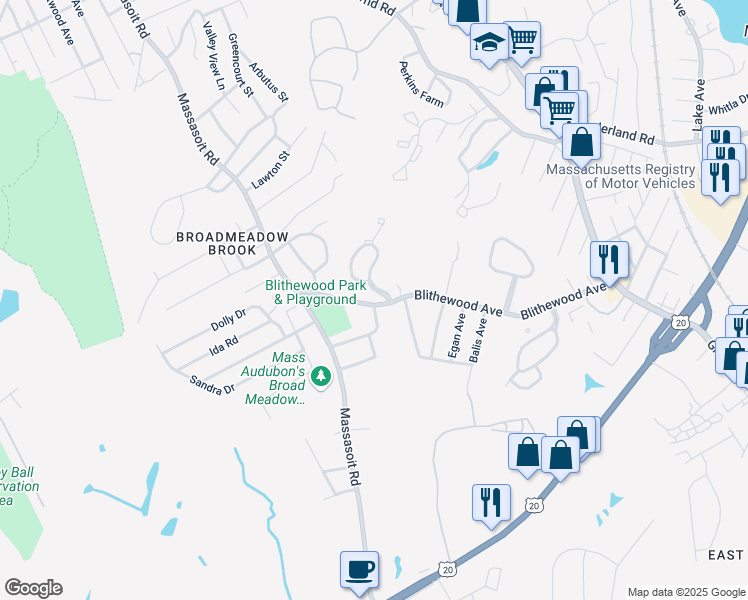 map of restaurants, bars, coffee shops, grocery stores, and more near 44 Blithewood Avenue in Worcester