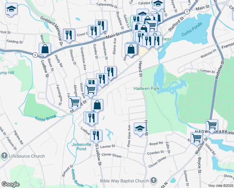 map of restaurants, bars, coffee shops, grocery stores, and more near 11 Lebanon Street in Worcester