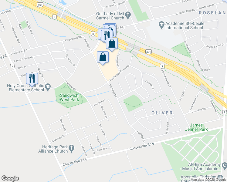map of restaurants, bars, coffee shops, grocery stores, and more near Heritage Drive in LaSalle
