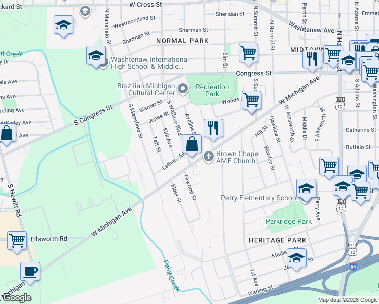 map of restaurants, bars, coffee shops, grocery stores, and more near 1141 Lathers Avenue in Ypsilanti