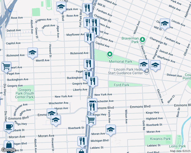 map of restaurants, bars, coffee shops, grocery stores, and more near 3419 Fort Street in Lincoln Park