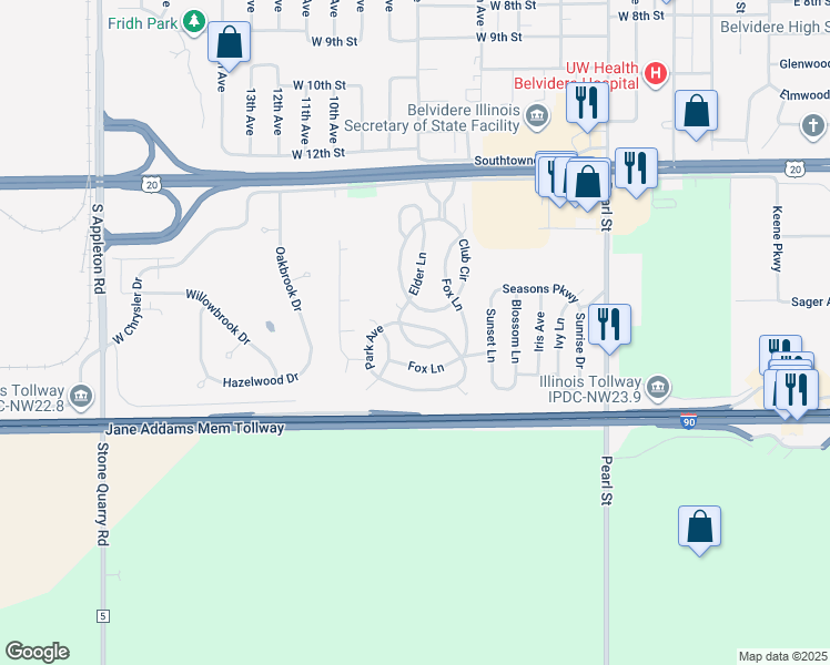 map of restaurants, bars, coffee shops, grocery stores, and more near 607 Park Avenue in Belvidere