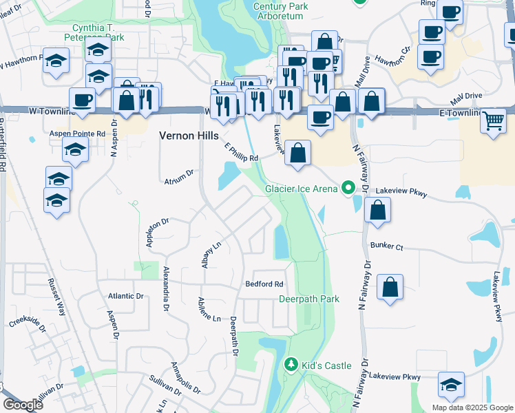 map of restaurants, bars, coffee shops, grocery stores, and more near 11 Warrington Road in Vernon Hills