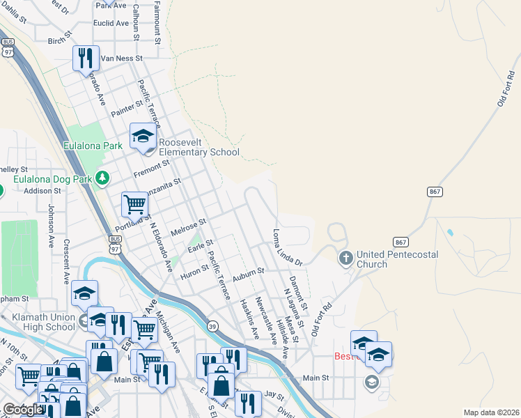 map of restaurants, bars, coffee shops, grocery stores, and more near 708 Loma Linda Drive in Klamath Falls