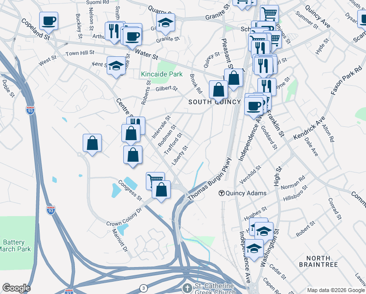 map of restaurants, bars, coffee shops, grocery stores, and more near 77 Columbia Street in Quincy