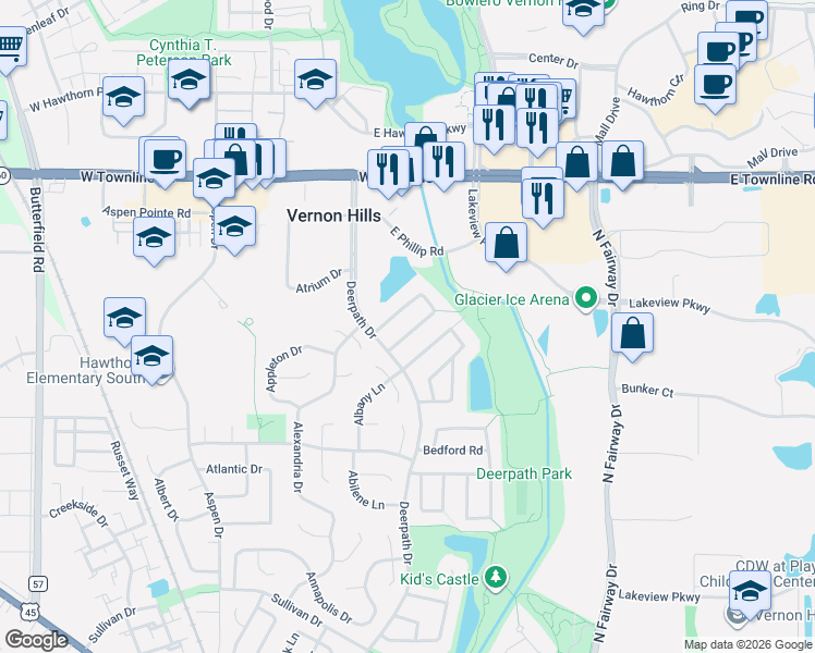 map of restaurants, bars, coffee shops, grocery stores, and more near 2 Mayflower Road in Vernon Hills