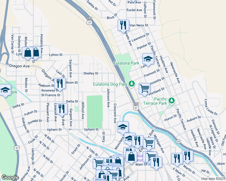 map of restaurants, bars, coffee shops, grocery stores, and more near 1702 Crescent Avenue in Klamath Falls