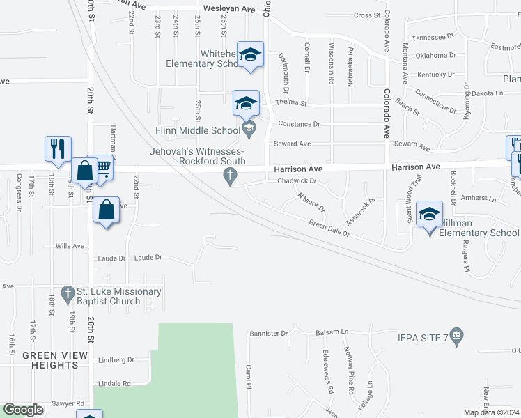 map of restaurants, bars, coffee shops, grocery stores, and more near 2831 Green Dale Drive in Rockford