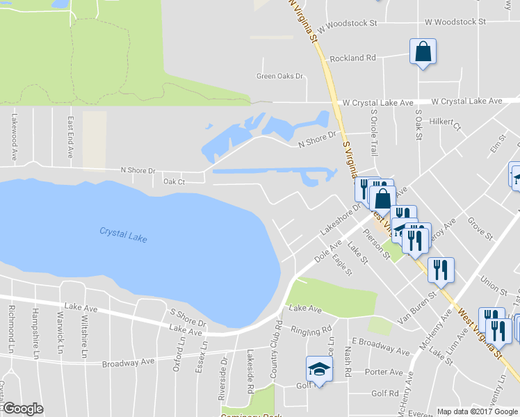 map of restaurants, bars, coffee shops, grocery stores, and more near 651 Woodland Drive in Crystal Lake