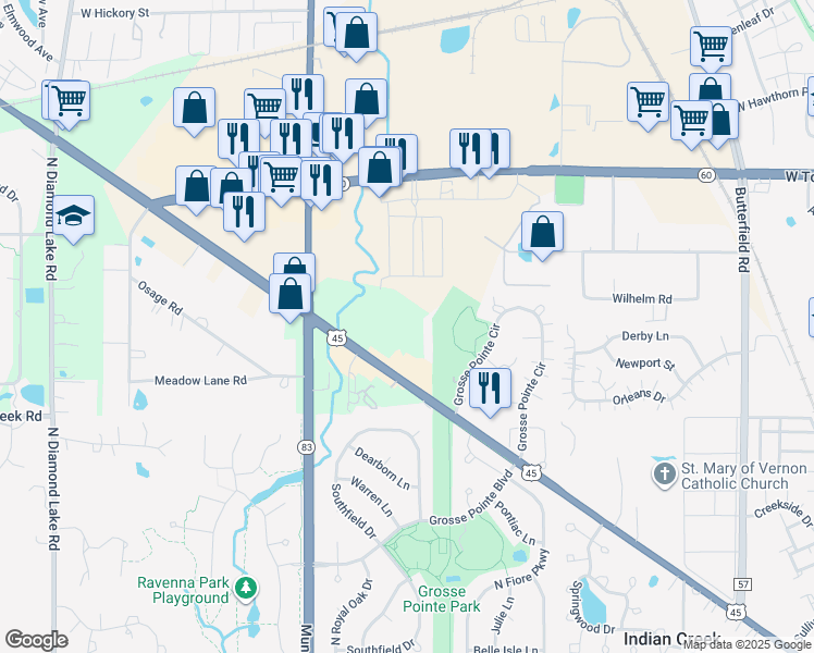 map of restaurants, bars, coffee shops, grocery stores, and more near 25631 U.S. 45 in Mundelein