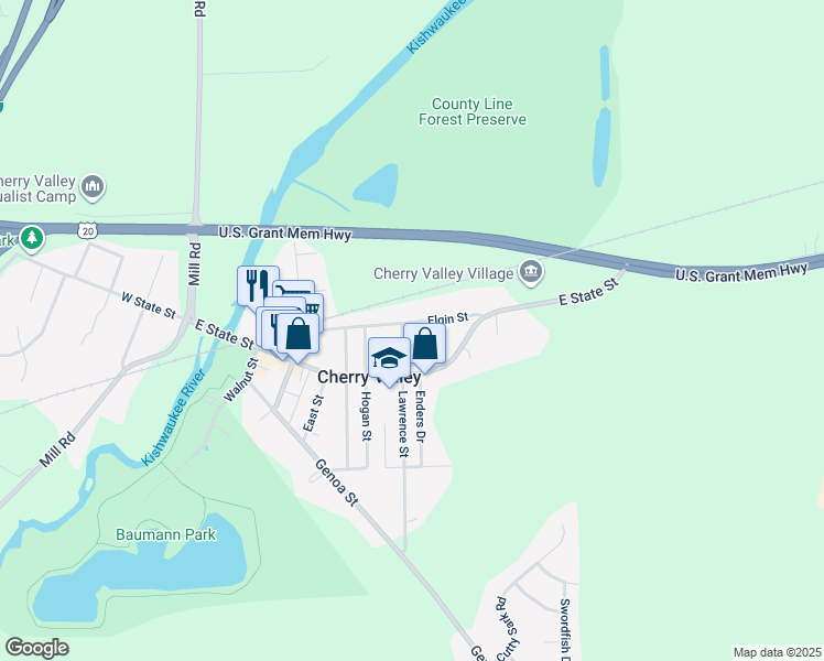 map of restaurants, bars, coffee shops, grocery stores, and more near 707 Elgin Street in Cherry Valley