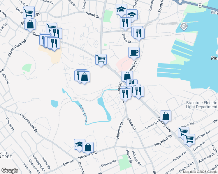 map of restaurants, bars, coffee shops, grocery stores, and more near 54 Bower Road in Quincy