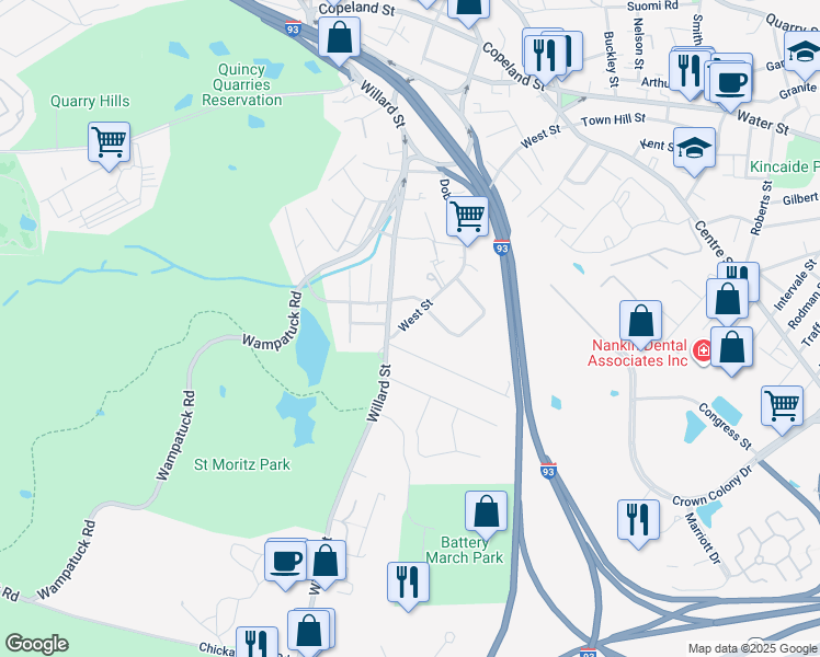 map of restaurants, bars, coffee shops, grocery stores, and more near 634-636 Willard Street in Quincy