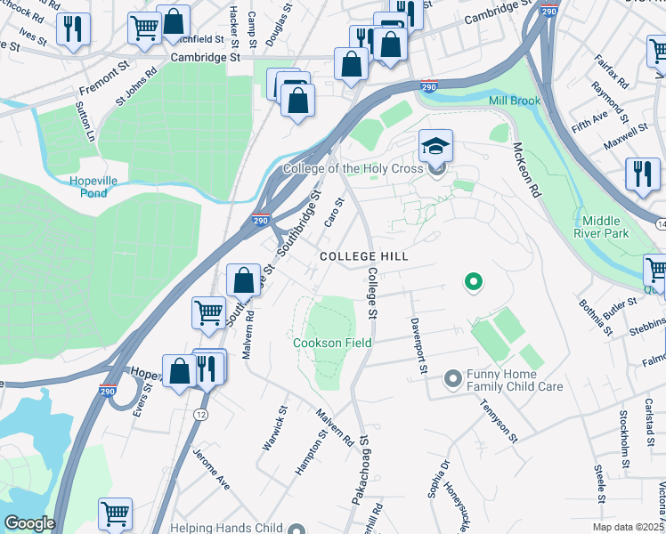 map of restaurants, bars, coffee shops, grocery stores, and more near 30 Boyden Street in Worcester