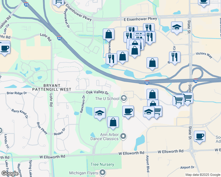 map of restaurants, bars, coffee shops, grocery stores, and more near 1195 Oak Valley Drive in Ann Arbor