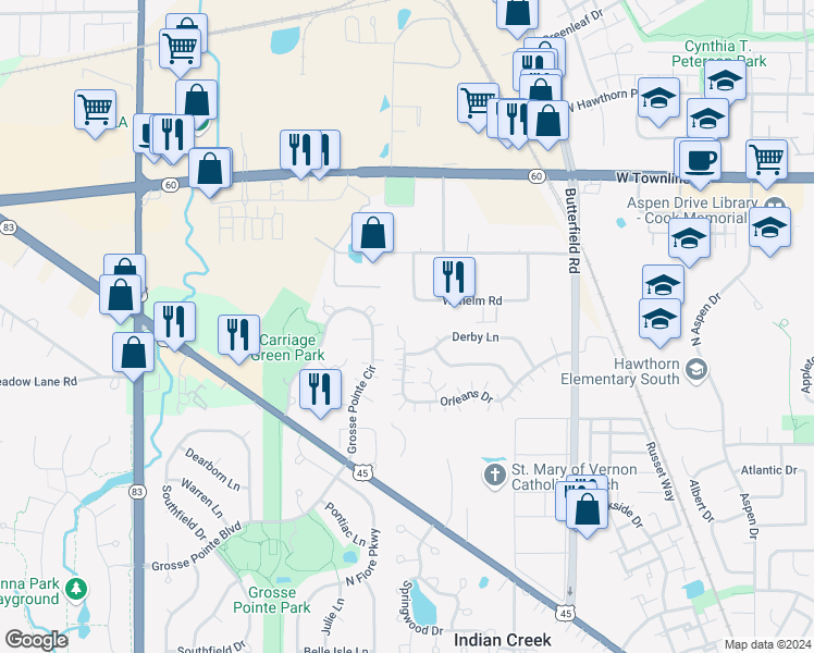 map of restaurants, bars, coffee shops, grocery stores, and more near 1163 Orleans Drive in Mundelein