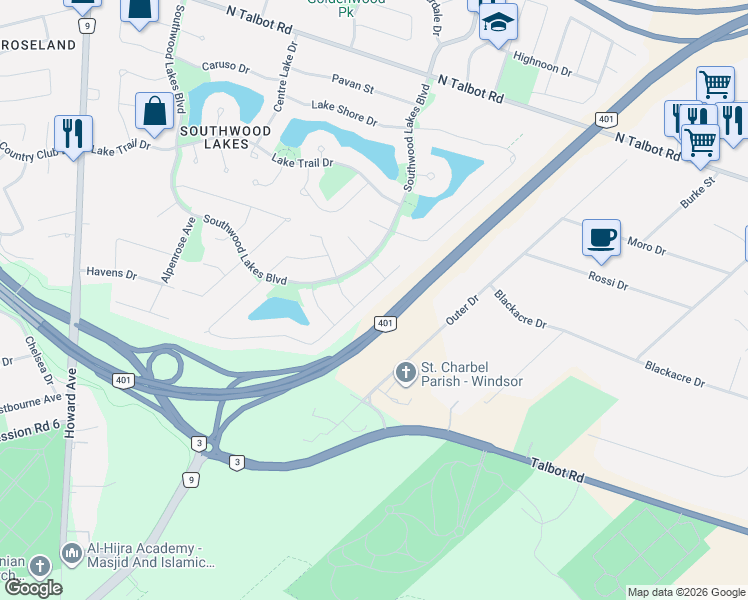 map of restaurants, bars, coffee shops, grocery stores, and more near in Windsor
