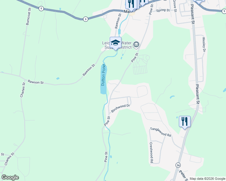 map of restaurants, bars, coffee shops, grocery stores, and more near 214 Pine Street in Leicester