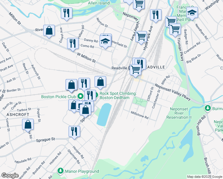 map of restaurants, bars, coffee shops, grocery stores, and more near 50 Sprague Street in Boston