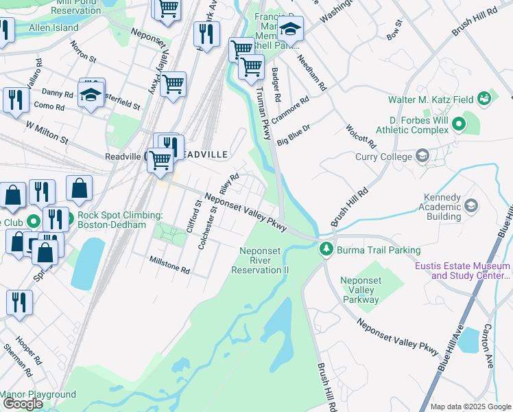 map of restaurants, bars, coffee shops, grocery stores, and more near 273 Neponset Valley Parkway in Boston