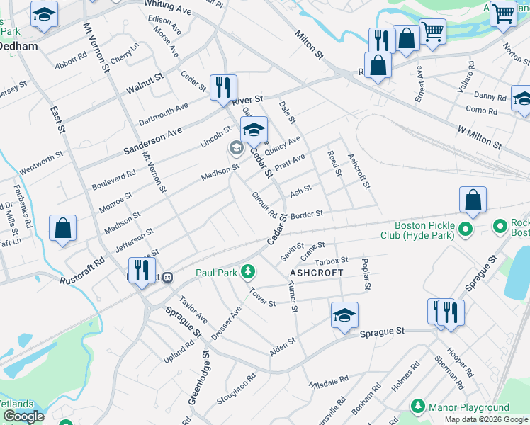 map of restaurants, bars, coffee shops, grocery stores, and more near 94 Shiretown Road in Dedham
