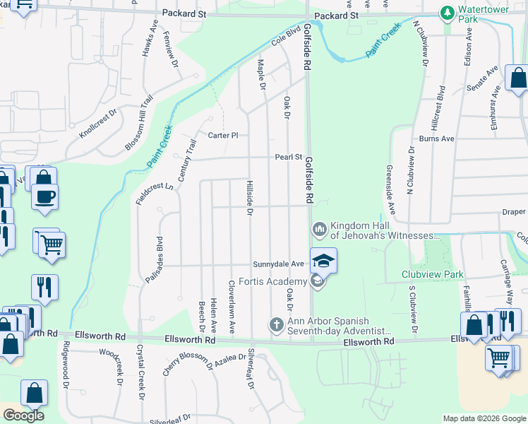 map of restaurants, bars, coffee shops, grocery stores, and more near 3661 Hillside Drive in Ypsilanti