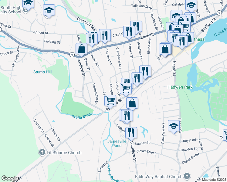 map of restaurants, bars, coffee shops, grocery stores, and more near 3 Victor Avenue in Worcester