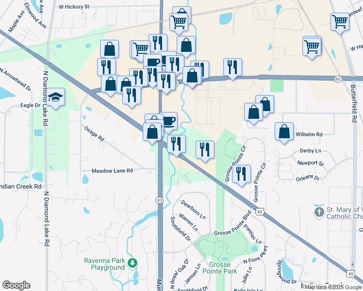 map of restaurants, bars, coffee shops, grocery stores, and more near 800 U.S. 45 in Mundelein