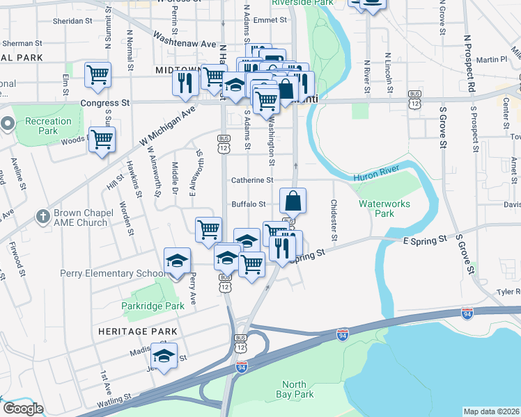 map of restaurants, bars, coffee shops, grocery stores, and more near 416 South Washington Street in Ypsilanti