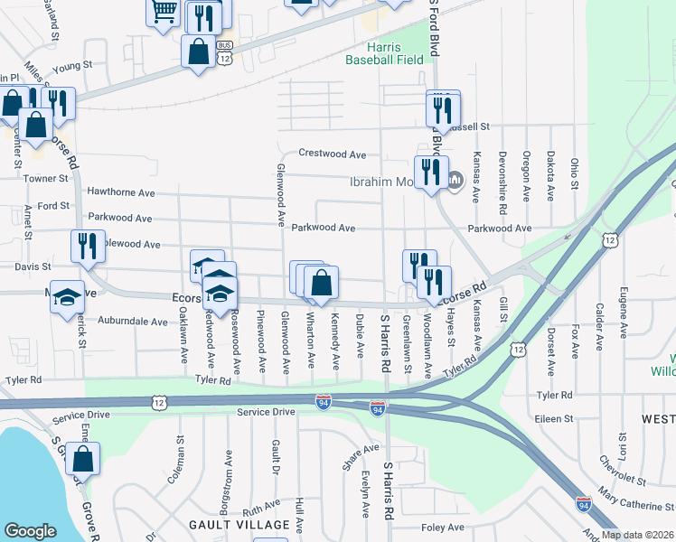 map of restaurants, bars, coffee shops, grocery stores, and more near 1326 Davis Street in Ypsilanti