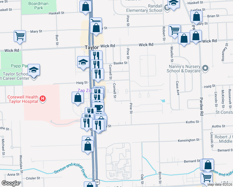 map of restaurants, bars, coffee shops, grocery stores, and more near 9722 Cornell Street in Taylor