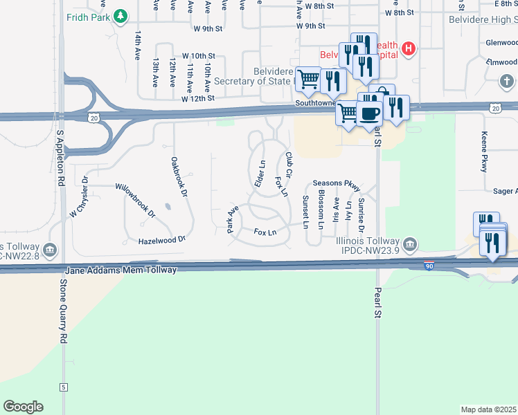 map of restaurants, bars, coffee shops, grocery stores, and more near 607 Park Avenue in Belvidere