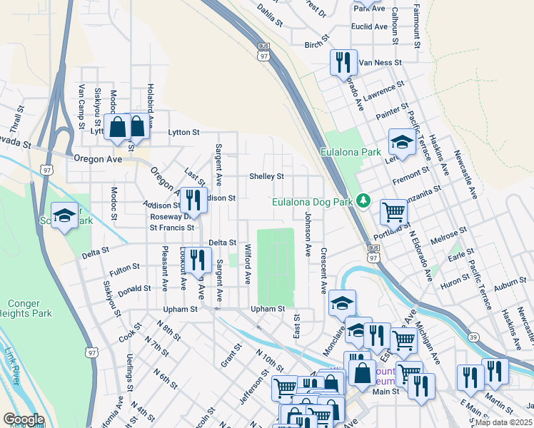 map of restaurants, bars, coffee shops, grocery stores, and more near 1206 Carlyle Street in Klamath Falls